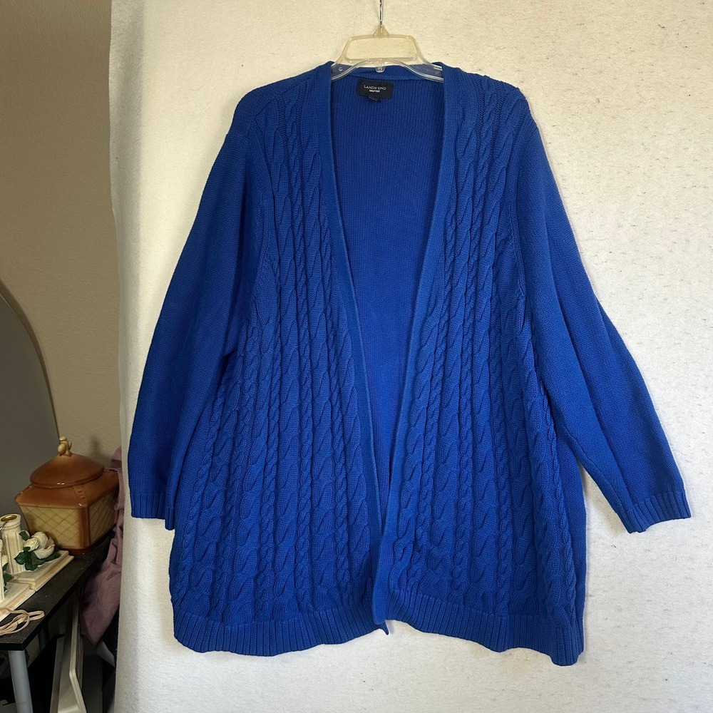 Lands End Drifter Royal Blue Cable Knit Open Front Cardigan Sweater Plus 3X